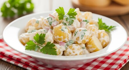 Delicious Potato Salad in a White Bowl.