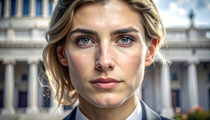 Close-up of a woman, serious expression, urban background