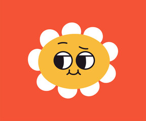 Cute groovy daisy flower with face, eyes sneaking, looking aside. Retro floral chamomile character with playful emotion, expression, smiling, hippie funky trippy style. Flat vector illustration