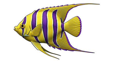Isolated yellow regal angelfish with purple stripes, vibrant marine tropical fish clip-art