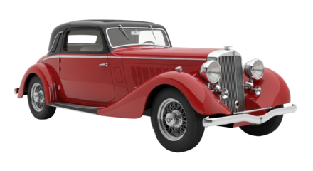 Isolated antique automobile, classic red 1930s car with chrome details, luxury vehicle