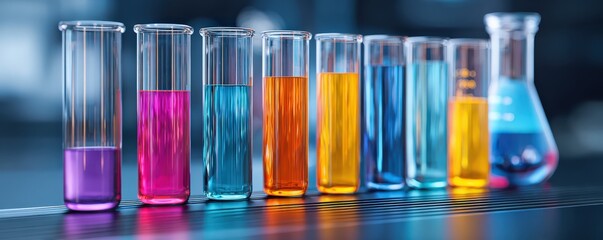 A colorful display of test tubes filled with various liquids, showcasing vibrant colors in a laboratory setting.