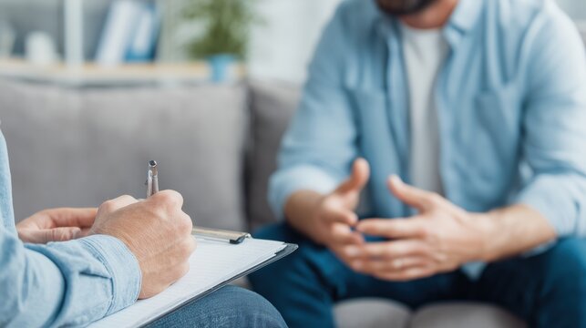 Therapist taking notes while man talks during counseling session mental health support - Powered by Adobe