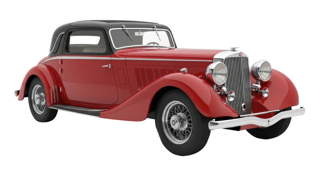 Fototapeta Isolated antique automobile, classic red 1930s car with chrome details, luxury vehicle
