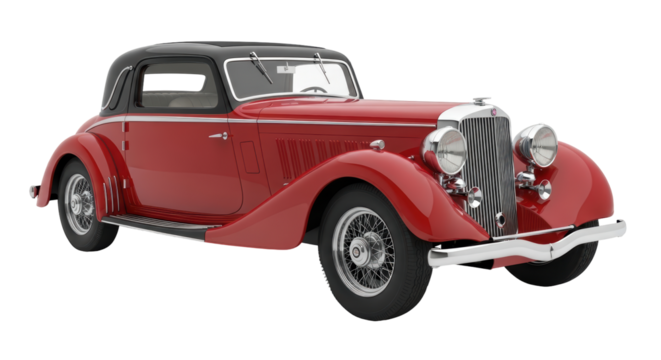 Isolated antique automobile, classic red 1930s car with chrome details, luxury vehicle