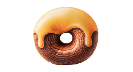 Isolated donut with caramel glaze dripping around a hole; tasty breakfast, dessert, pastry, snack