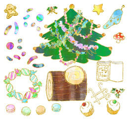 Christmas Decorations and Cake Parts Illustration Set