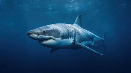 Naklejka premium Great white shark swimming underwater, blue ocean wildlife scene, side view