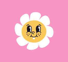 Daisy flower with cute adorable kawaii face expression. Sunny emoji character. Funny floral, chamomile smiling with tooth, freckles, cheerful playful emotion, groovy style. Flat vector illustration