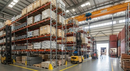 Busy industrial warehouse with forklifts moving goods on tall racks, highlighting efficient logistics and supply chain operations.
