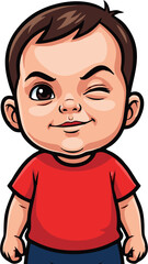 Playful Cartoon Toddler Winking Mischievously in Red Shirt