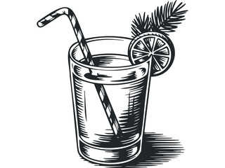 Glass of refreshment with straw and citrus slice. Vector hand drawn illustration