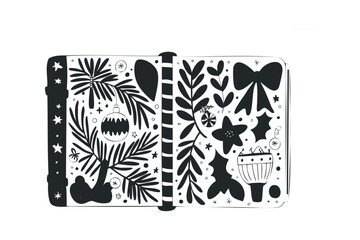Open journal page with black whimsical holiday elements and stars. Vector hand drawn illustration