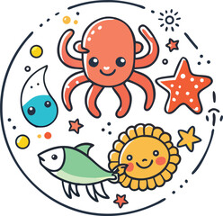 Round cartoon icon with crab, lobster, octopus, starfish smiling, cute line art, flat colours, white background.