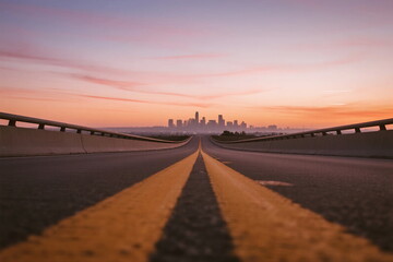 Sunset view of a road leading to a city skyline