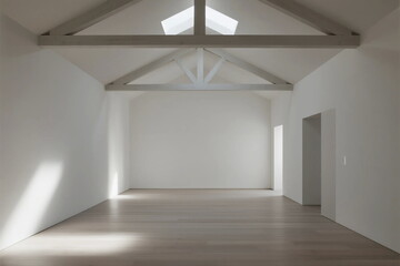 Spacious white empty room with wooden floor and exposed beams