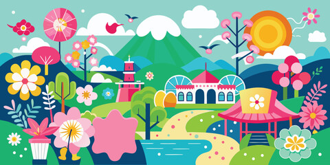 Fototapeta premium Stylized Japanese Landscape with Pagoda and Cherry Blossoms