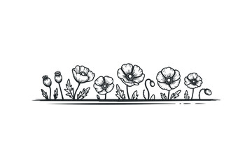 Floral border with poppy flowers and seed pods. Vector hand drawn illustration