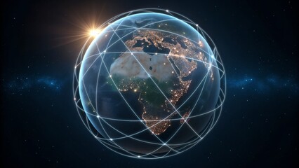 global technology network with a glowing grid overlay on planet earth, representing international communication, digital connectivity, and worldwide business solutions