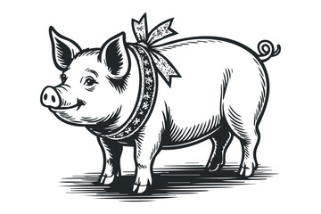 Fototapeta premium Line Drawing of a Pig with Festive Ribbon. Vector hand drawn illustration