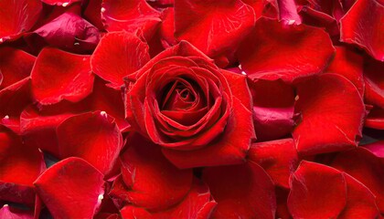 Naklejka premium Vibrant Red Rose Centerpiece Surrounded by Rose Petals in Top View with Water Droplets for Romantic Floral Background Presentation