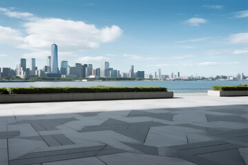 Modern city skyline with clear blue sky and open plaza