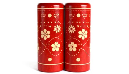 Red cylinders with floral patterns