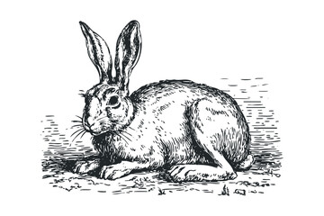 Vintage Hare Resting on Textured Ground. Vector hand drawn illustration