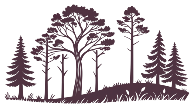 Cute flat illustration of pine tree silhouette, minimal design, transparent png.