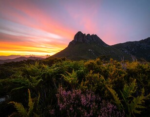 Dramatic sunrise over mountain peak