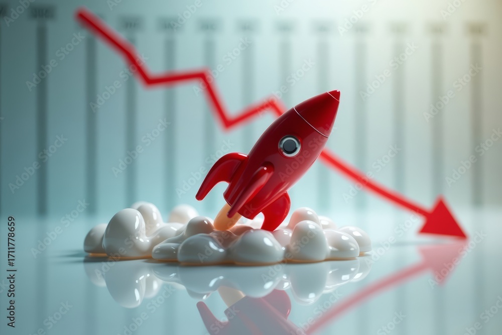 Poster Red Toy Rocket Crash-Landing on Desk with Declining Graph in Background