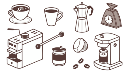 Flat design set coffee equipment icons, café and kitchen barista tools collection, isolated white.