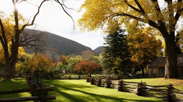Serene Autumn Landscape with Rustic Fence and Historic Building.