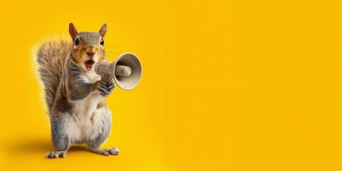 Squirrel holds megaphone before yellow background,concept of animal advertising,marketing,business