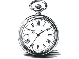 Engraved Pocket Watch with Roman Numerals. Vector hand drawn illustration