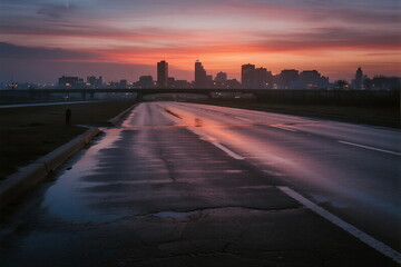 Beautiful sunset over an empty city highway with cityscape in the distance