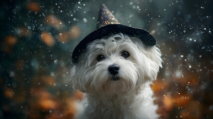 A fluffy white pup wearing an witch's hat, surrounded by autumn leaves, Halloween background