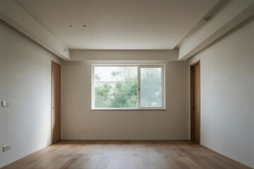 Fototapeta premium Empty room with large window and wooden floor for modern living space