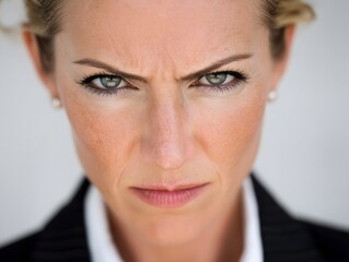 Close-up of a woman with an intense, focused expression.