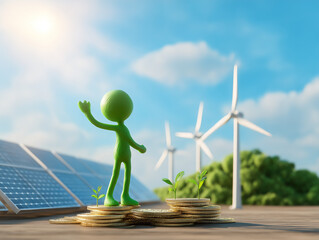 Green figure with solar panels and wind turbines on coins, concept of eco investment and sustainable energy