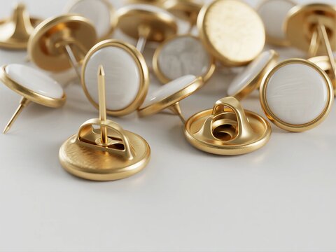 Close-up of golden push pins with white heads on white background