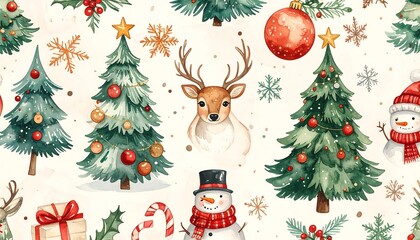 Watercolor Christmas pattern with festive elements