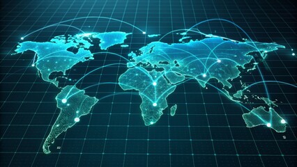 a high-tech world map with a glowing network grid, representing global communication and data exchange in a digital environment for international business