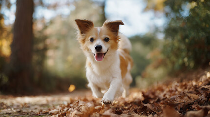 Cute dog running joyfully in autumn city park, clear sunny day, lifestyle action photography, sharp details, ultra realistic pet photo