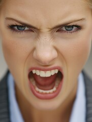 Close-up of a businesswoman expressing anger with an open mouth.