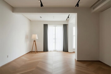 Obraz premium Bright and spacious empty room with wooden floor and large windows