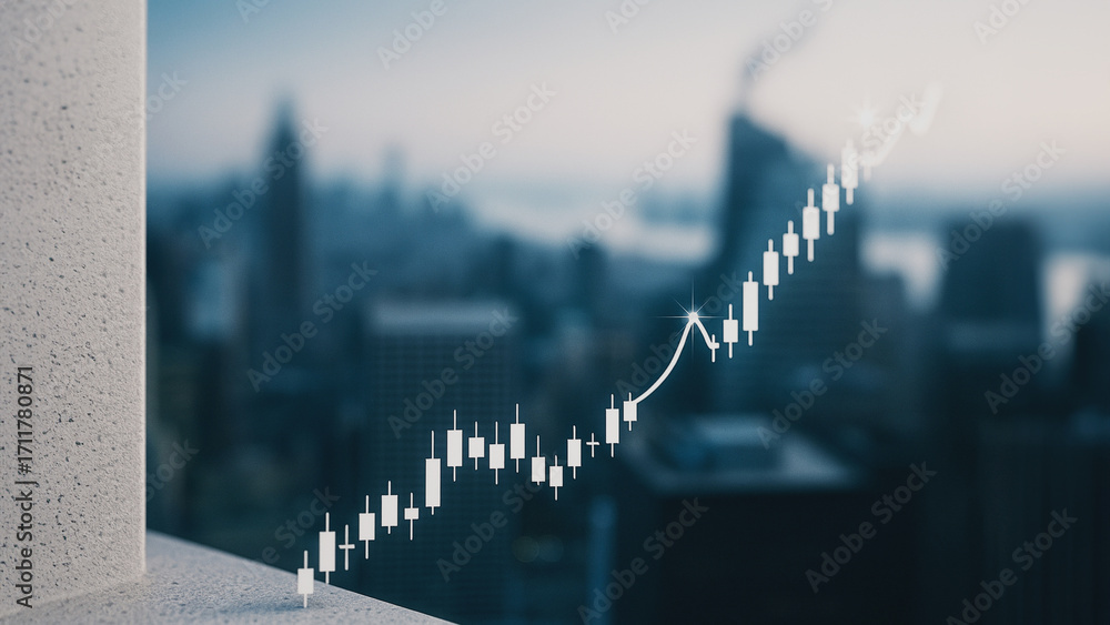 Poster an evocative cityscape backdrop underscores a dynamic stock chart, its upward trajectory mirroring t
