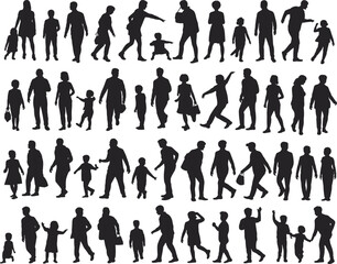 Family walking silhouettes, parents and children, group figures, black people outline, everyday motion, casual stroll, isolated characters, diverse ages, childhood, parenting, outdoor movement
