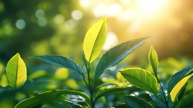 Tea Leaves Illuminated: Bathed in radiant sunlight, fresh tea leaves unfurl, creating a vibrant tableau of natural serenity and highlighting the intricate beauty of the natural world.