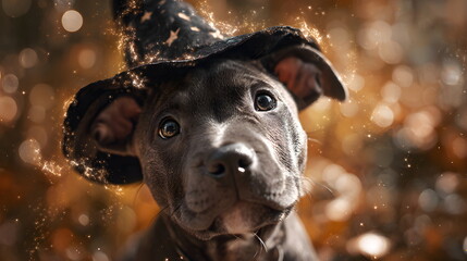 A staffy pitbull pup wearing an witch's hat, surrounded by autumn leaves, Halloween background